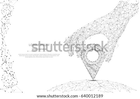 Abstract mash line and point hand holding pin on white background with an inscription. Starry sky or space, consisting of stars and the universe. Vector business illustration