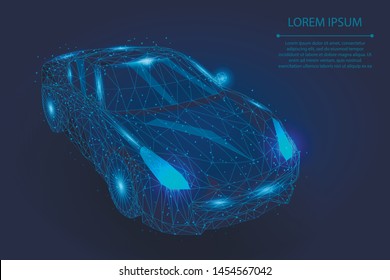 Abstract mash line and point high speed motion car. Vector transportation illustration. Polygonal low poly fast drive, vehicle road travel concept  