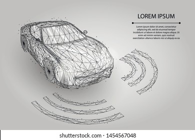 Abstract mash line and point high speed motion car. Vector transportation illustration. Polygonal low poly fast drive, autopilot driver automation concept