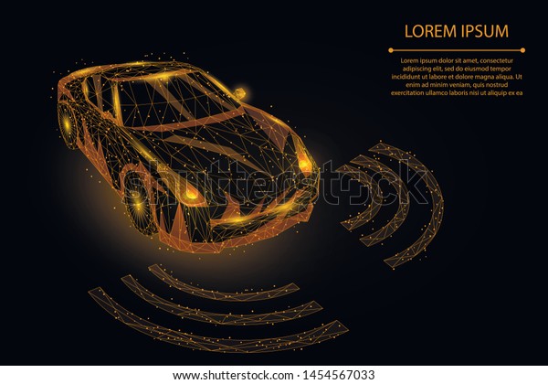 Abstract mash line and point high\
speed motion car. Vector transportation illustration. Polygonal low\
poly fast drive, autopilot driver automation\
concept
