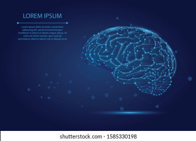 Abstract mash line and point human Brain. Low poly Neural network. IQ testing, artificial intelligence virtual emulation science technology concept. Brainstorm think idea vector illustration.