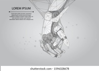 Abstract mash line and point human and robot hands together. Future technological business. Low poly artificial intelligence vector illustration