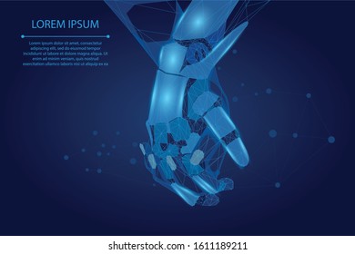 Abstract mash line and point human and robot hands together. Future technological business. Low poly artificial intelligence vector illustration