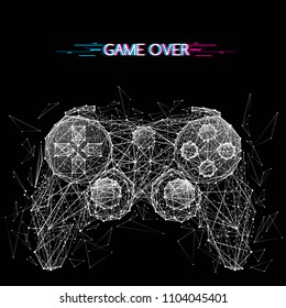 Abstract mash line and point image of joystick for video games. Vector illustration origami on black background with an inscription. Computer games concept with distruction effect. Polygonal art.