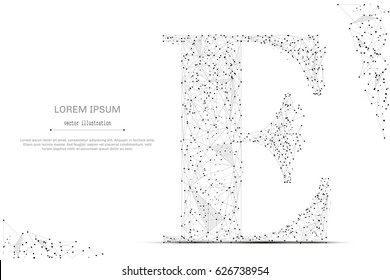 Línea de purga abstracta y apunte la letra E sobre fondo blanco con una inscripción. Cielo estrellado o espacio, compuesto por estrellas y el universo. Ilustración empresarial de vectores