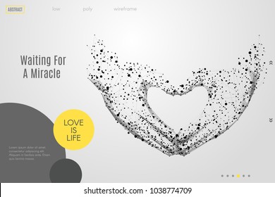 Abstract mash line and point Love shape hands origami on background with an inscription. Vector love gesture illustration