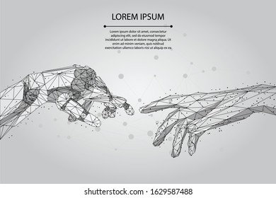 Abstract mash line and point Low poly wireframe human and robot hands touching with fingers. Polygonal artificial intelligence 3D vector Illustration Future technological business. 