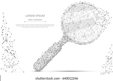 Linha de mash abstrata e lupa de ponto sobre fundo branco com uma inscrição. Céu estrelado ou espaço, consistindo de estrelas e o universo. Ilustração comercial vetorial