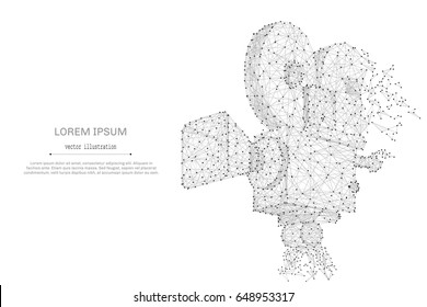 Abstract mash line and point Movie Camera on white background with an inscription. Starry sky or space, consisting of stars and the universe. Vector business cinema illustration.