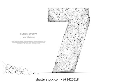 Línea de purga abstracta y punto número siete sobre fondo blanco con una inscripción. Cielo estrellado o espacio, compuesto por estrellas y el universo. Ilustración del dígito 7 del vector