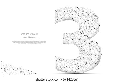 Abstract mash line and point number three on white background with an inscription. Starry sky or space, consisting of stars and the universe. Vector digit 3 illustration