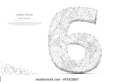 Abstract mash line and point number six on white background with an inscription. Starry sky or space, consisting of stars and the universe. Vector digit 6 illustration