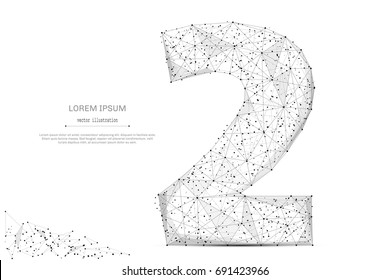 Abstract mash line and point number two on white background with an inscription. Starry sky or space, consisting of stars and the universe. Vector digit 2 illustration