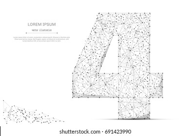 Abstract mash line and point number four on white background with an inscription. Starry sky or space, consisting of stars and the universe. Vector digit 4 illustration