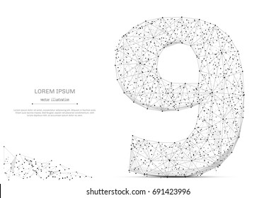 Abstract mash line and point number nine on white background with an inscription. Starry sky or space, consisting of stars and the universe. Vector digit 9 illustration