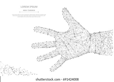 Abstract mash line and point open palm on white background with an inscription. Starry sky or space, consisting of stars and the universe. Vector hand up illustration