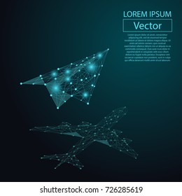 Abstract mash line and point origami plane with shadow in form of airliner. Vector business illustration. Polygonal low poly. Hided potential, motivation, business goal and personal growth concept. 