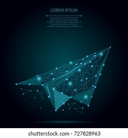 Línea de purga abstracta y plano de origami puntual. Ilustración empresarial de vectores. Avión polígono de baja altura. Potencial oculto, motivación, objetivo comercial y concepto de crecimiento personal.