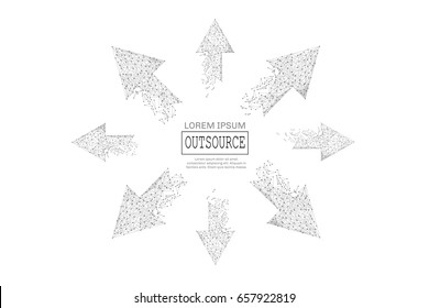 Abstract mash line and point outsource text from the arrow on white background with an inscription. Business concept starry sky or space, consisting of stars and the universe. Vector business