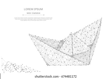 Abstract mash line and point paper boat on white background with an inscription. Starry sky or space, consisting of stars and the universe. Vector business illustration