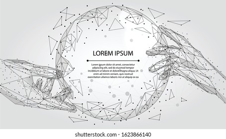 Abstract mash line and point, polygonal hands touching digital global form. Low poly vector Illustration 