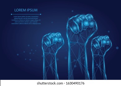 Abstract mash line and point rised Clenched fist. Low poly protesting crowd. Protest, revolution, conflict polygonal vector illustration