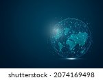 Abstract mash line and point scales on dark background with Map World representing the global . Wire frame 3D mesh polygonal network line, design sphere, dot and structure. Vector illustration eps 10.