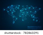 Abstract mash line and point scales on dark background with map of world. 3D mesh polygonal network line, design sphere, dot and structure. Vector illustration eps 10.