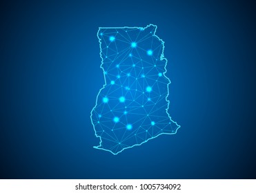 Abstract mash line and point scales on dark background with Map of ghana. Wire frame 3D mesh polygonal network line, design sphere, dot and structure. communications map of ghana. Vector.