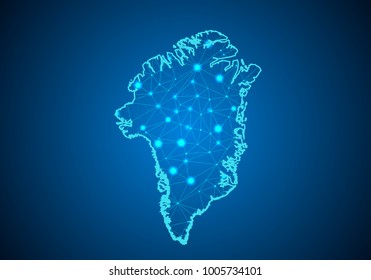 Abstract mash line and point scales on dark background with Map of greenland. Wire frame 3D mesh polygonal network line, design sphere, dot and structure. communications map of greenland. Vector.