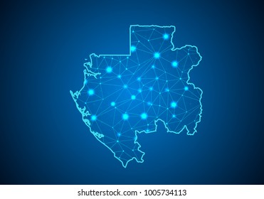 Abstract mash line and point scales on dark background with Map of gabon. Wire frame 3D mesh polygonal network line, design sphere, dot and structure. communications map of gabon. Vector.