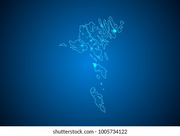 Abstract mash line and point scales on dark background with Map of faroe Islands. Wire frame 3D mesh polygonal network line, design sphere, dot and structure. communications map of faroe Islands. 