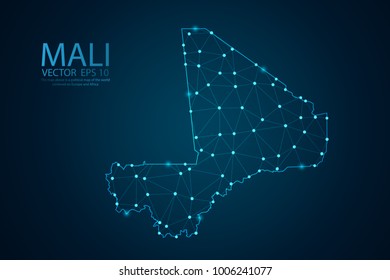 Abstract mash line and point scales on dark background with map of Mali. Wire frame 3D mesh polygonal network line, design sphere, dot and structure. Vector illustration eps 10.