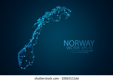 Abstract mash line and point scales on dark background with map of Norway. Wire frame 3D mesh polygonal network line, design sphere, dot and structure. Vector illustration eps 10.