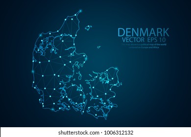 Abstract mash line and point scales on dark background with map of Denmark. Wire frame 3D mesh polygonal network line, design sphere, dot and structure. Vector illustration eps 10.