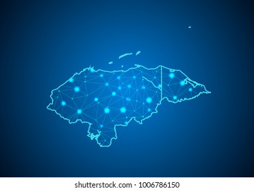 Línea de puré abstracta y escala de puntos sobre fondo oscuro con Mapa de honduras. Línea de red poligonal, esfera de diseño, punto y estructura de malla 3D de marco de cable. mapa de las comunicaciones de Honduras. Vector.