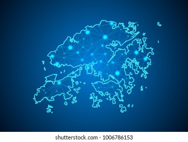 Abstract mash line and point scales on dark background with Map of hong Kong. Wire frame 3D mesh polygonal network line, design sphere, dot and structure. communications map of hong Kong. Vector.