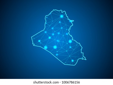 Abstract mash line and point scales on dark background with Map of iraq. Wire frame 3D mesh polygonal network line, design sphere, dot and structure. communications map of iraq. Vector.