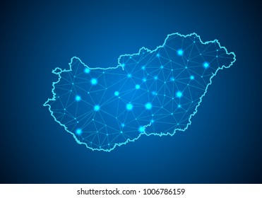 Abstract mash line and point scales on dark background with Map of hungary. Wire frame 3D mesh polygonal network line, design sphere, dot and structure. communications map of hungary. Vector.