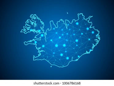 Abstract mash line and point scales on dark background with Map of iceland. Wire frame 3D mesh polygonal network line, design sphere, dot and structure. communications map of iceland. Vector.