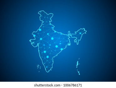 Abstract mash line and point scales on dark background with Map of india. Wire frame 3D mesh polygonal network line, design sphere, dot and structure. communications map of india.Vector illustration