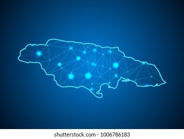Abstract mash line and point scales on dark background with Map of jamaica. Wire frame 3D mesh polygonal network line, design sphere, dot and structure. communications map of jamaica. Vector.