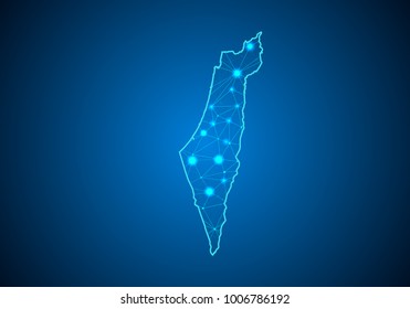 Abstract Mash Line And Point Scales On Dark Background With Map Of Israel Palestine. Wire Frame 3D Mesh Polygonal Network Line, Design Sphere, Dot And Structure. Communications Map Of Israel Palestine