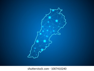 Abstract mash line and point scales on dark background with Map of lebanon. Wire frame 3D mesh polygonal network line, design sphere, dot and structure. communications map of lebanon. Vector.