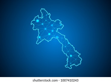 Abstract mash line and point scales on dark background with Map of laos. Wire frame 3D mesh polygonal network line, design sphere, dot and structure. communications map of laos. Vector.