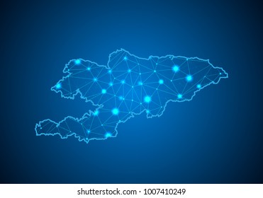 Abstract mash line and point scales on dark background with Map of kyrgyzstan. Wire frame 3D mesh polygonal network line, design sphere, dot and structure. communications map of kyrgyzstan. Vector.
