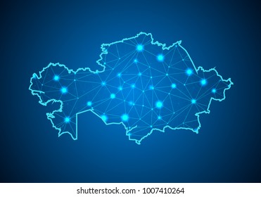 Abstract mash line and point scales on dark background with Map of kazakhstan. Wire frame 3D mesh polygonal network line, design sphere, dot and structure. communications map of kazakhstan. Vector.