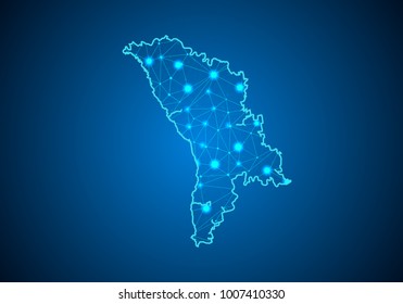 Abstract mash line and point scales on dark background with Map of moldova. Wire frame 3D mesh polygonal network line, design sphere, dot and structure. communications map of moldova. Vector.