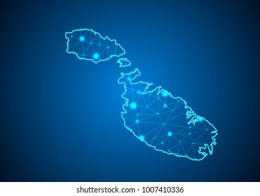 Abstract mash line and point scales on dark background with Map of malta. Wire frame 3D mesh polygonal network line, design sphere, dot and structure. communications map of malta. Vector.