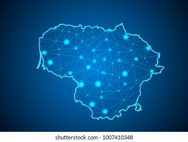 Abstract mash line and point scales on dark background with Map of lithuania. Wire frame 3D mesh polygonal network line, design sphere, dot and structure. communications map of lithuania. Vector.